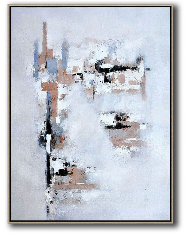 Acrylic Painting On Canvas,Vertical Palette Knife Contemporary Art,Abstract Oil Painting,Earthy Yellow,White,Grey.etc